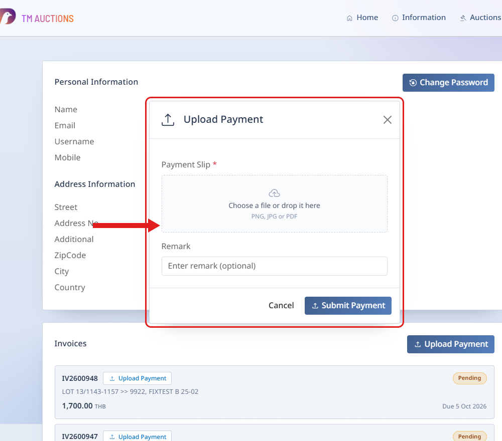 Upload Payment in My Profile